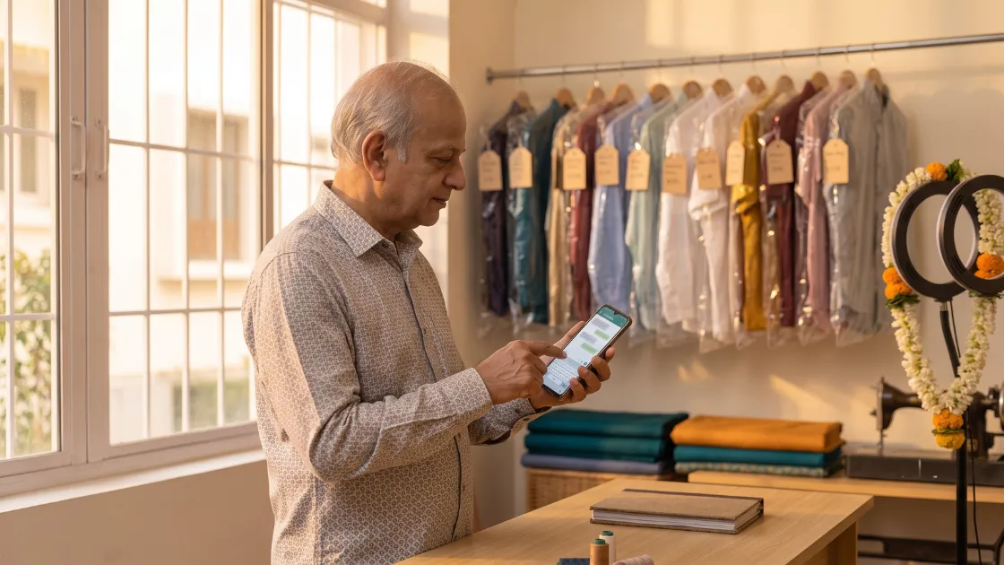 A tailor at his shop counter sending a customer an order update on WhatsApp from his phone, with his order book open beside him